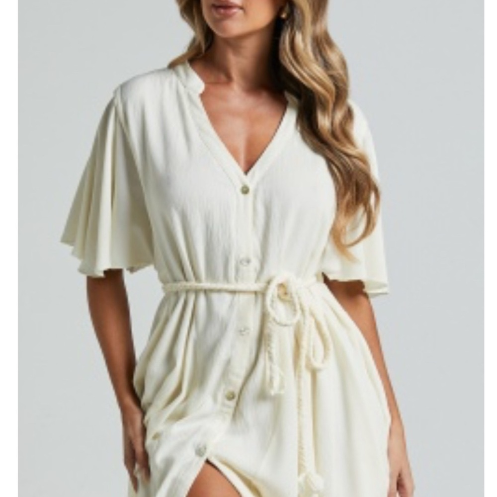 Cream Button-Down Dress with Belt. CATHE MINI DRESS FROM SHOWPO.